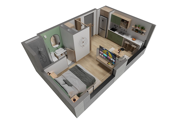 Planta 2 - Axonometria con mobiliario